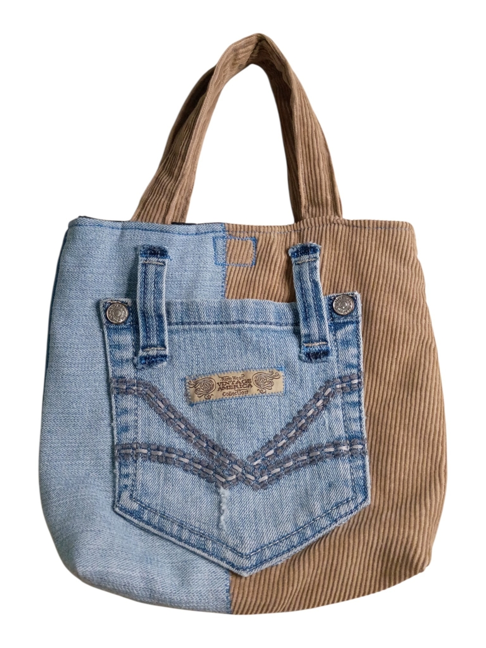 Upcycled Denim & Tan Cord Mini Tote Bag - Vintage-Inspired Casual Handmade